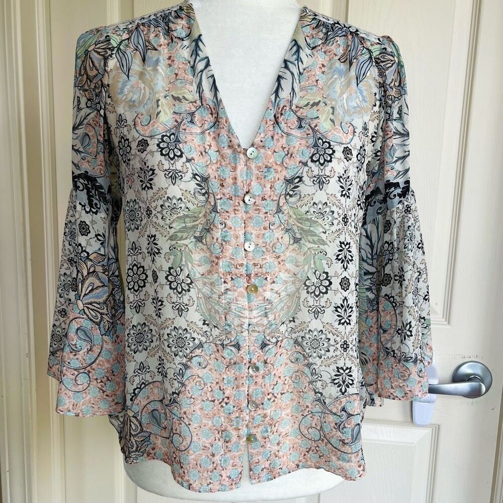 Hale Bob 100% Silk Bell Sleeve Button Blouse - XS - Picture 2 of 11